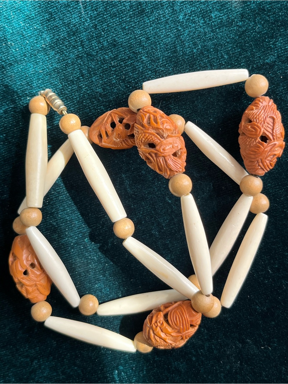 Vintage Chinese Dragon & Rabbit Carved Seed + Bovine Bone Necklace
